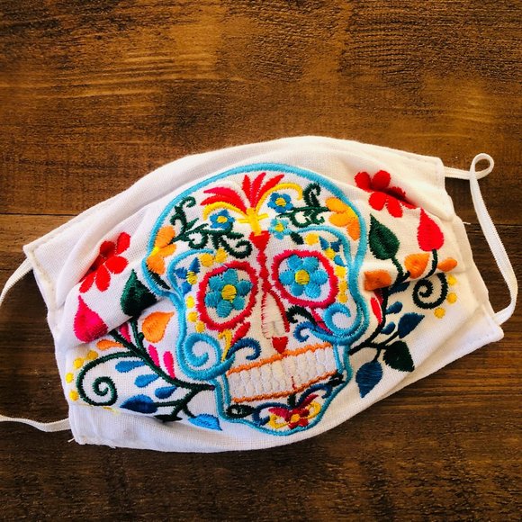 Cielito Lindo Accessories - Mexican Sugar Skull Face Mask Embroidered White Multicolor